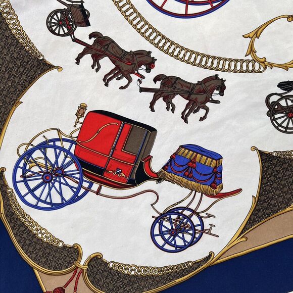 Vintage Scarf Silk Victorian Horse Carriage 34” Square Navy Blue Red Equestrian - Picture 3 of 7